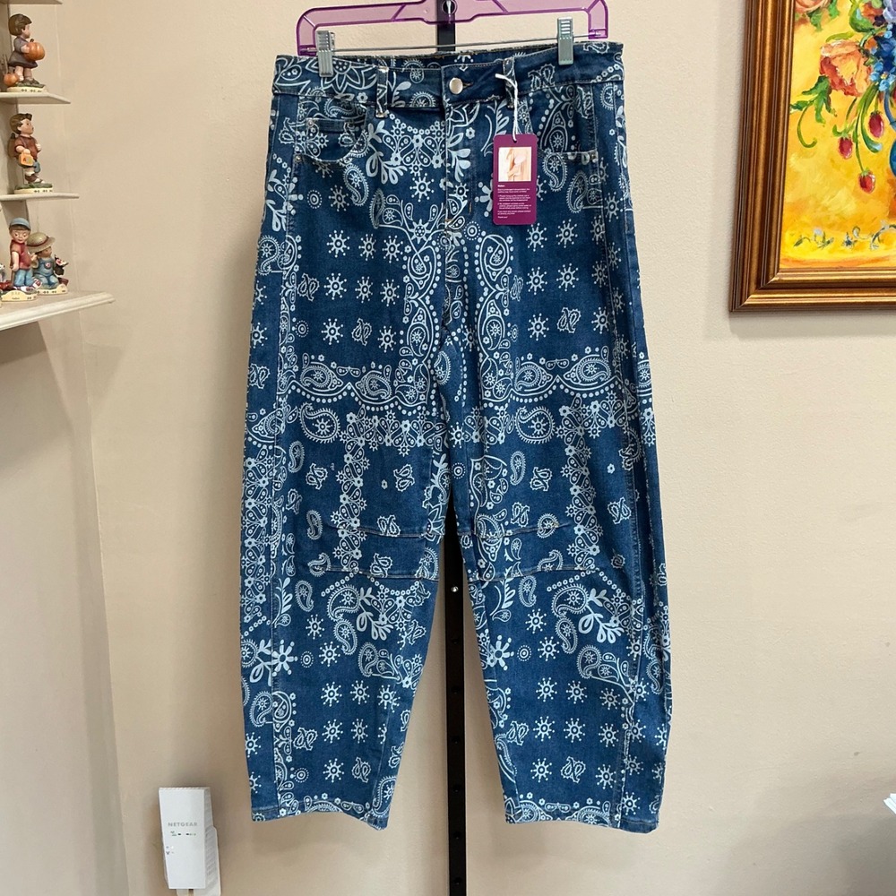 Loveimgs Jeans Bandana Paisley Print‎ L Blue High Waisted Straight Leg Denim